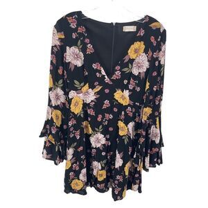 Altar’d State Women's Floral Long Sleeve Dress faux Wrap V Neck Mini Black Mediu